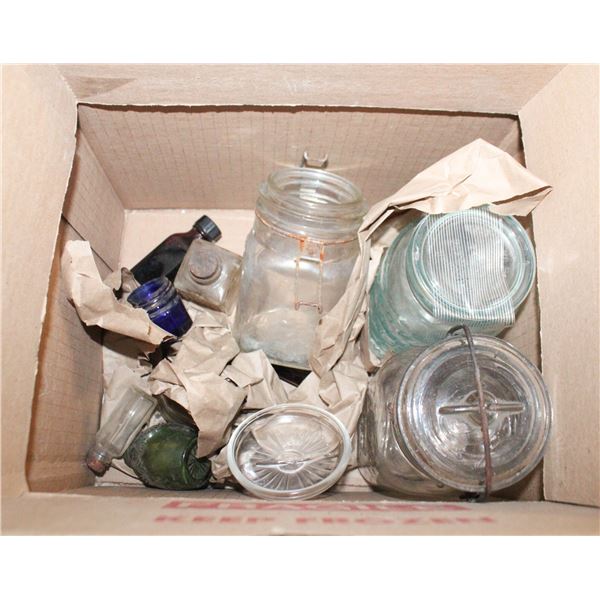 LOT OF ANTIQUE MASON JARS & BOTTLES