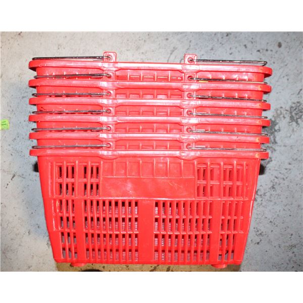 6 RED PLASTIC AND METAL SHOPPING BASKETS