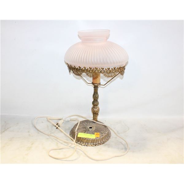 ANTIQUE LAMP AND FRAMED ART PIECES