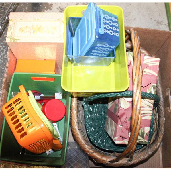 LOT OF BASKETS AND STORAGE BOXES