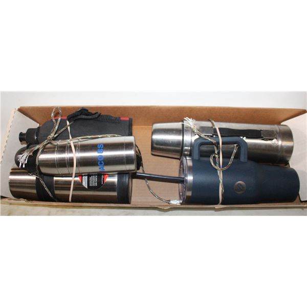 2X THERMOS FOR HOT WITH 4 OTHERS FOR COLD
