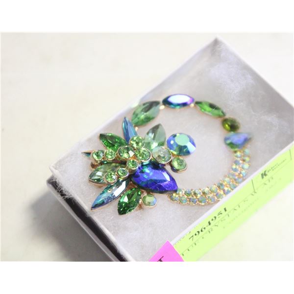 GREEN & BLUE CRYSTALS W AB BROOCH