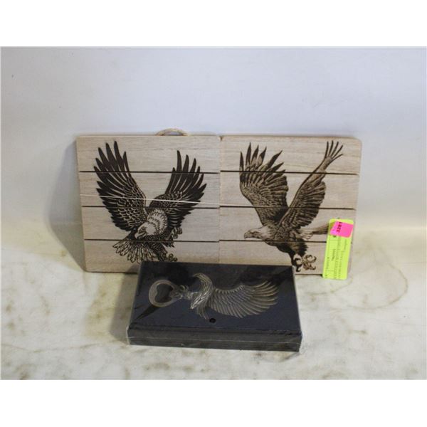 BRASS EAGLE BOTTLE OPENER & 2 WOODBURNT EAGLE