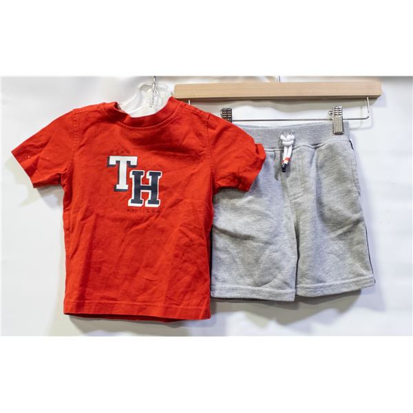 2 PC TOMMY HILFIGER KIDS RED SHIRT & GREY SHORTS
