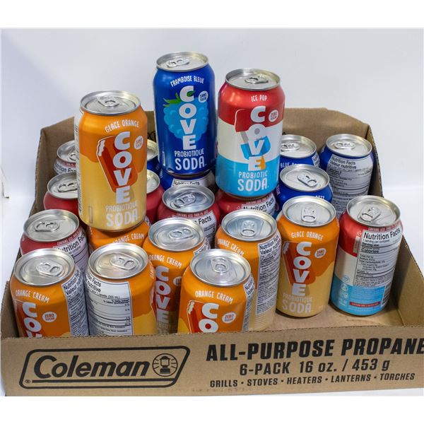 BOX OF 23 COVE SODA ZERO SUGAR PROBIOTIC DRINKS