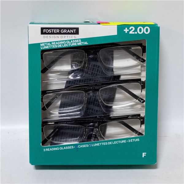 2 PACK OF FOSTER GRANT METAL READING GLASSES +2.00