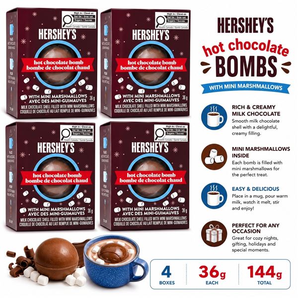 4 HERSHEYS HOT CHOCOLATE BOMBS 36G BB 08/26