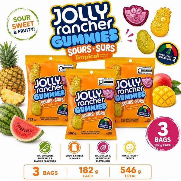 3 JOLLY RANCHER GUMMIES SOURS TROPICAL 182G 06/26