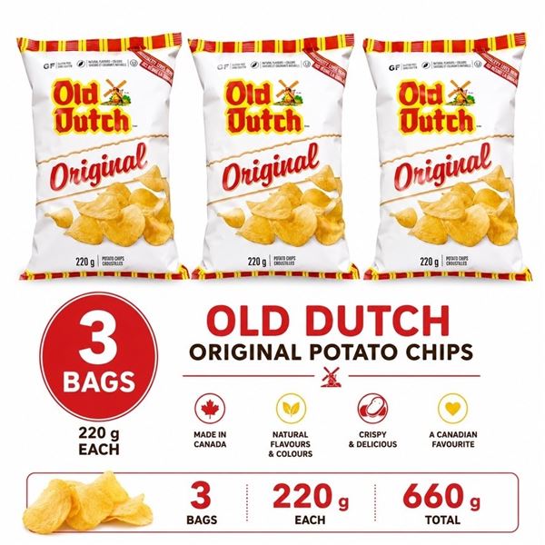 3 OLD DUTCH ORIGINAL POTATO CHIPS 220G BB 06/26