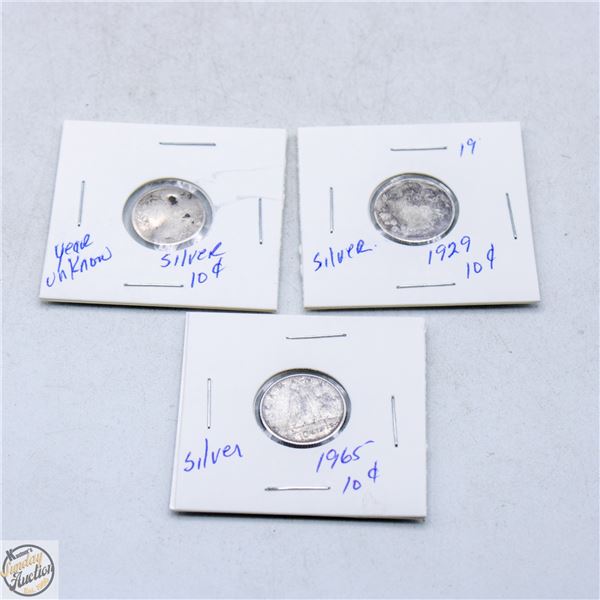 3 SILVER CANADIAN DIMES 1965,1929,UNKNOWN