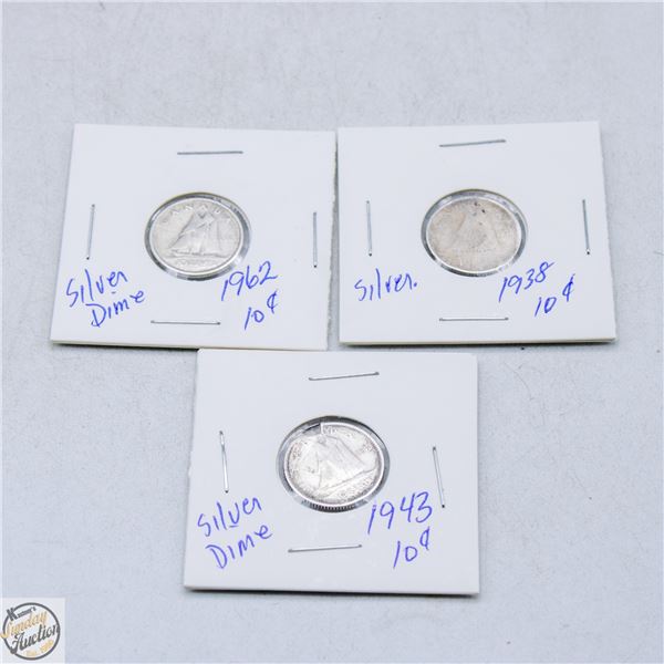 3 SILVER CANADIAN DIMES 1943,1938,1962