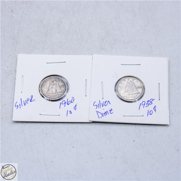 2 SILVER CANADIAN DIMES 1938,1960