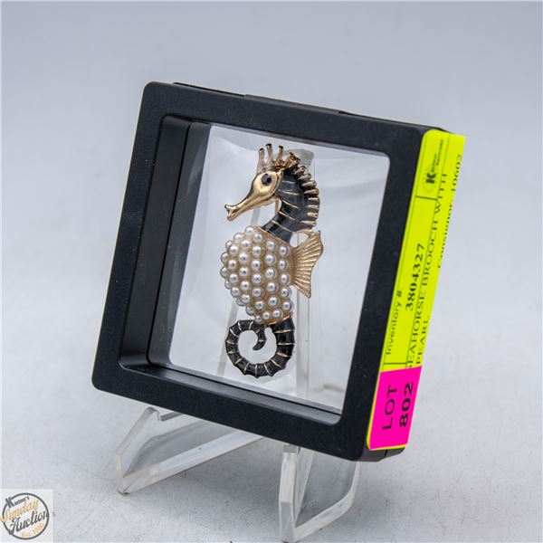 NEW SEAHORSE BROOCH WITH FAUX-PEARL