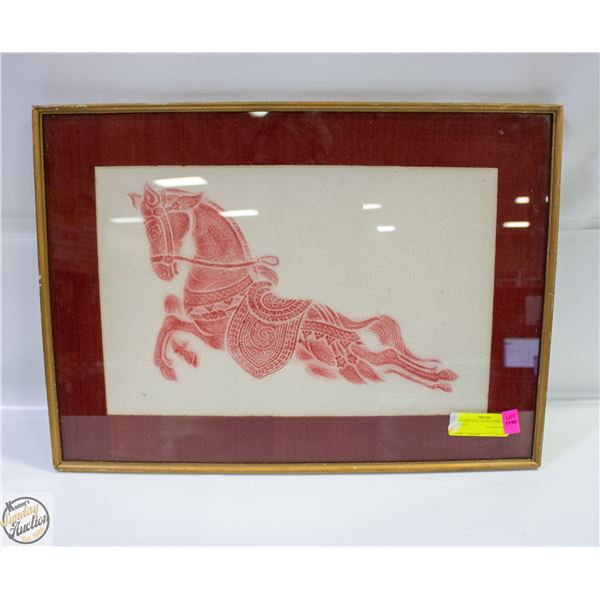 FRAMED THAI TEMPLE RUBBING OF HORSE 15.25" X 21"