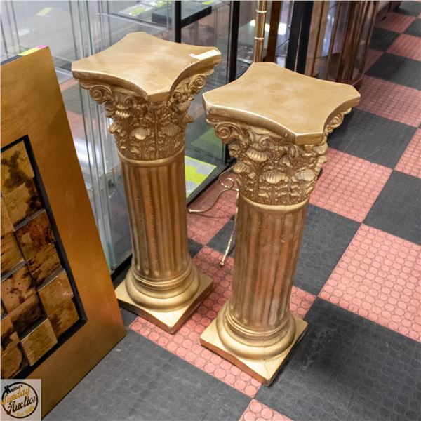 2 GOLD PAINTED CORINTHIAN STYLE PILLAR STANDS