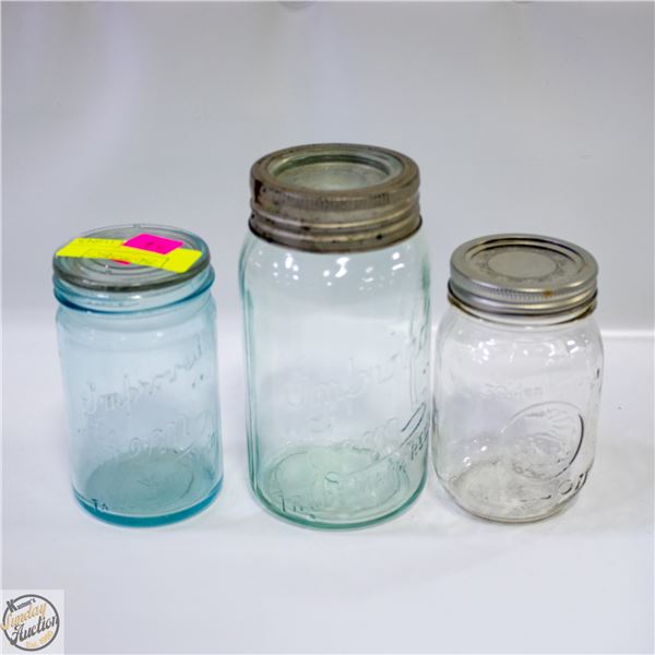 3 VINTAGE/ANTIQUE GLASS MASON JARS VARIOUS QT