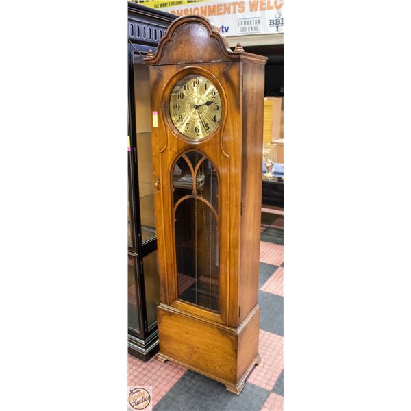VINTAGE WOOD AND BRASS GRANDFATHER CLOCK