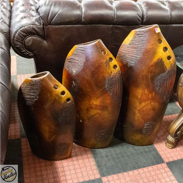 3 MATCHING CERAMIC CLAY FLUTE SHAPED DECOR VASES