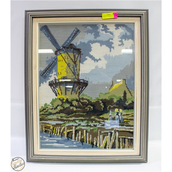VINTAGE FRAMED NEEDLE POINT WINDMILL + COUNTRY