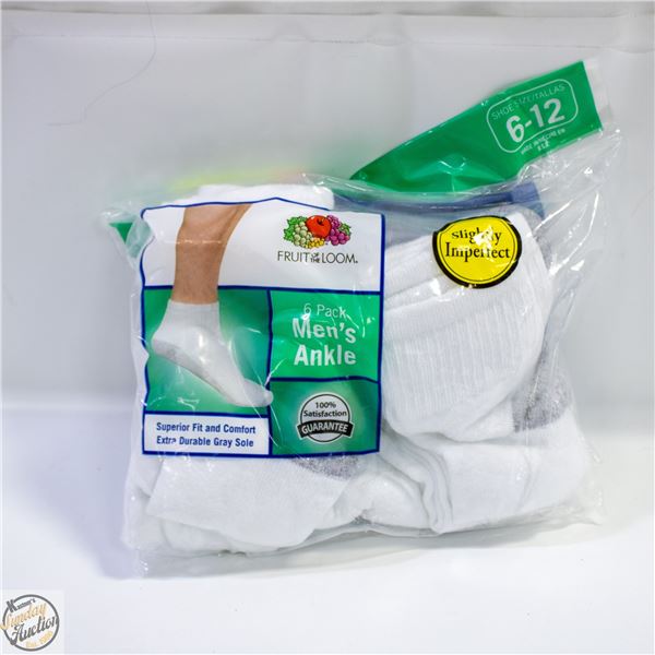 WHITE ANKLE SOCKS 6-12 SIZE 6-PACK FRUIT OF THE