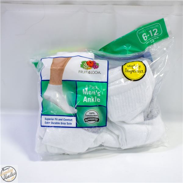 WHITE ANKLE SOCKS 6-12 SIZE 6-PACK FRUIT OF THE