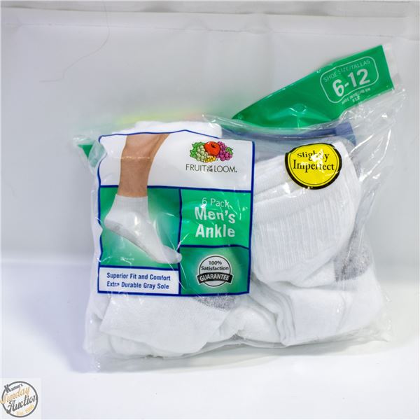 WHITE ANKLE SOCKS 6-12 SIZE 6-PACK FRUIT OF THE