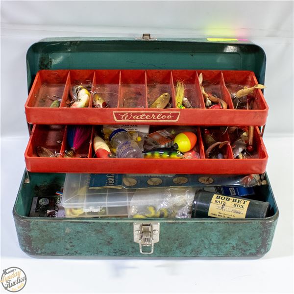 WATERLOO GREEN METAL TACKLE BOX W/ ASSORTED LURES