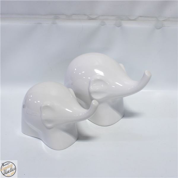 2 WHITE CERAMIC ELEPHANTS 9.5" X 7" & 8" X 5.5"