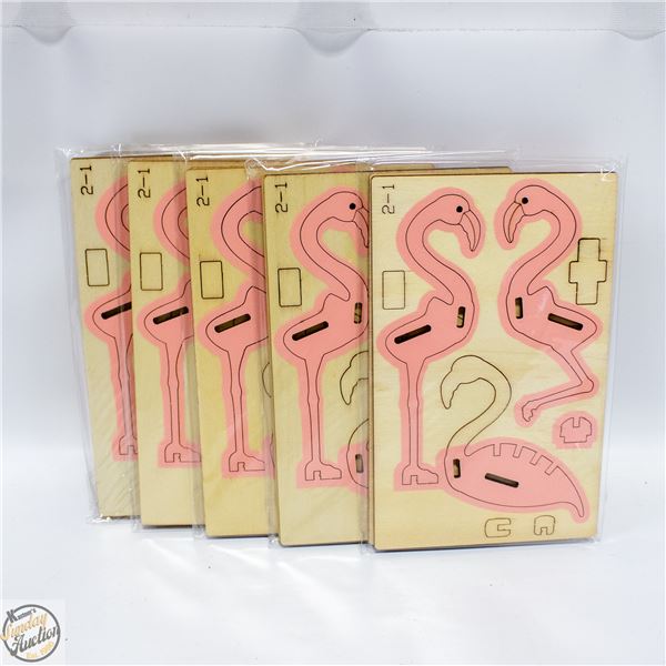 5 WOODEN 3D PINK FLAMINGO MODEL KITS