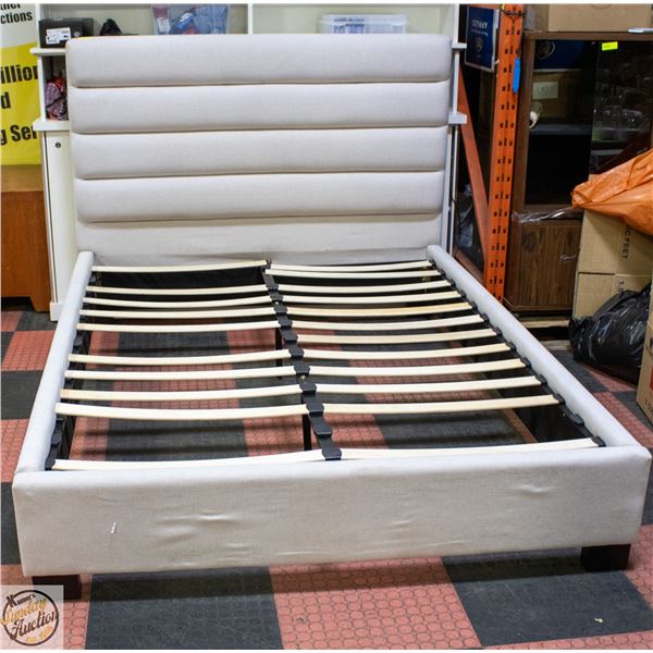 GREY FABRIC PADDED QUEEN SIZED BED FRAME