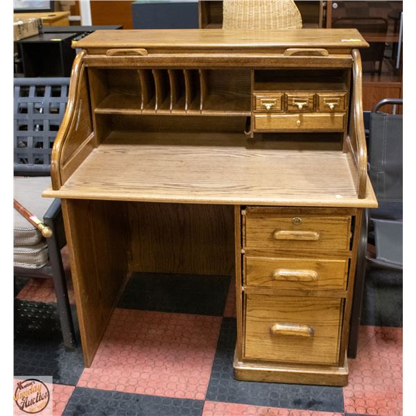 OAK ROLL TOP DESK WITH SIDE FILING CABINET