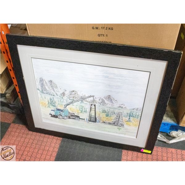 LG HAND DRAWN OIL RIG FRAMED 33X39.75"