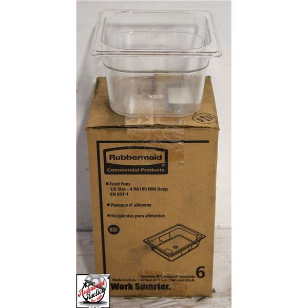 NEW CASE OF 6 RUBBERMAID 1/6 SIZE 4" DEEP POLY