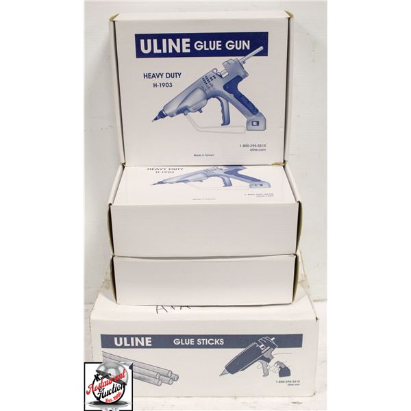 3 ULINE HEAVY DUTY GLUE GUNS + BOX OF GLUE STICKS