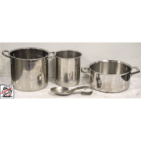 3 S/S POTS OF ASSORTED SIZES + S/S SPOON REST