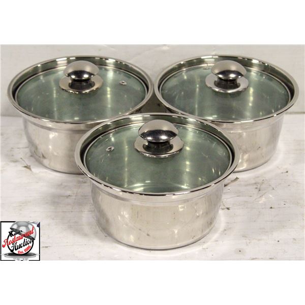 3 NEW STAINLESS STEEL 7" HOT POTS W/ LIDS