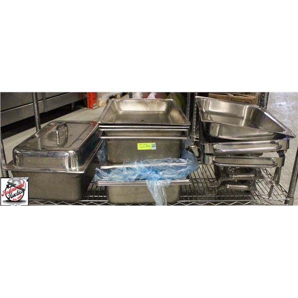 9 ASSORTED FULL-SIZE INSERTS W/ 2 TRAY STANDS
