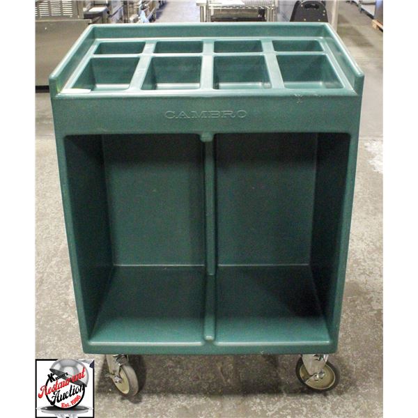 CAMBRO GREEN PLASTIC TRAY AND SILVER CART