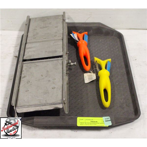 TRAY WITH MANDOLINE SLICER AND 2 NEW PEELERS