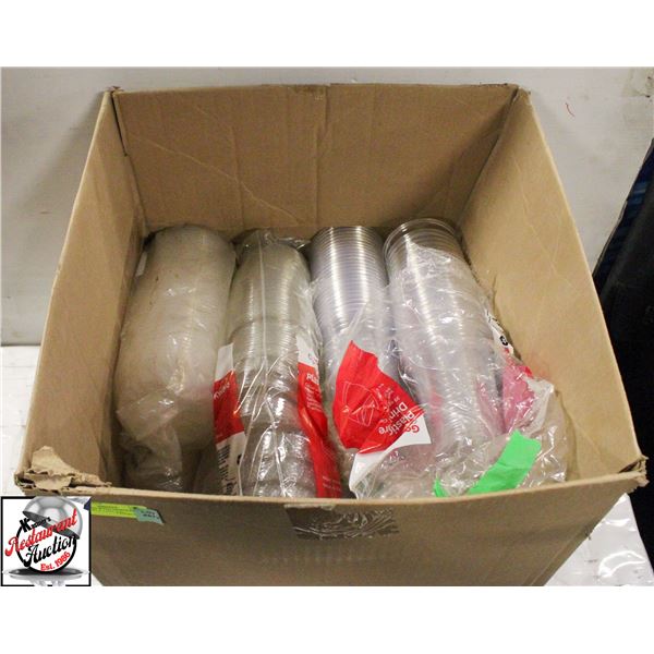 BOX OF ASSORTED DISPOSABLE CUPS, BOWLS, LIDS, ETC