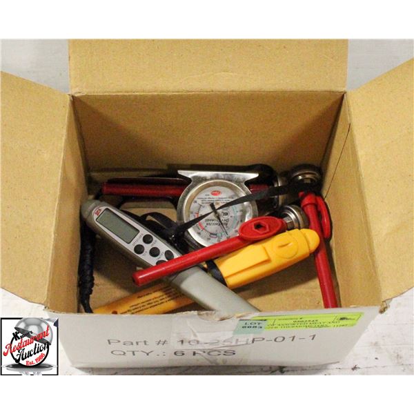 BOX OF ASSORTED MEAT AND FREEZER THERMOMETERS