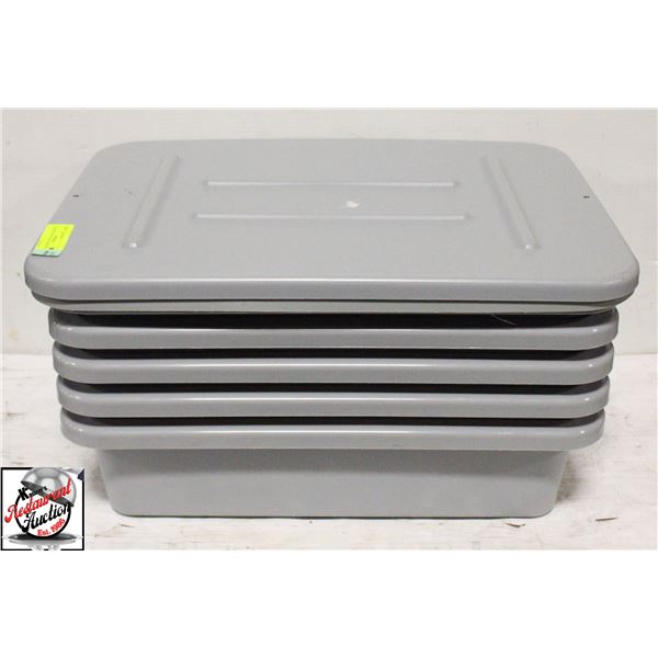 5 GREY PLASTIC BUS BINS W/ 2 LIDS