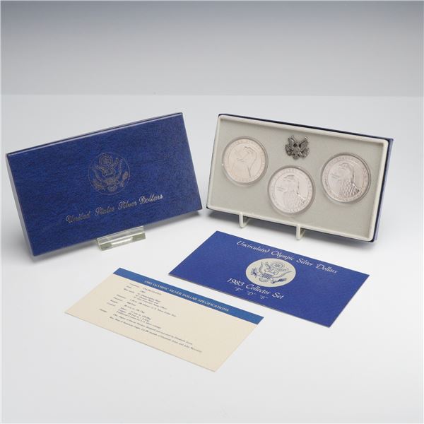Three 1983 US Olympic Silver Dollars P, D, and S Uncirculated Set in Box