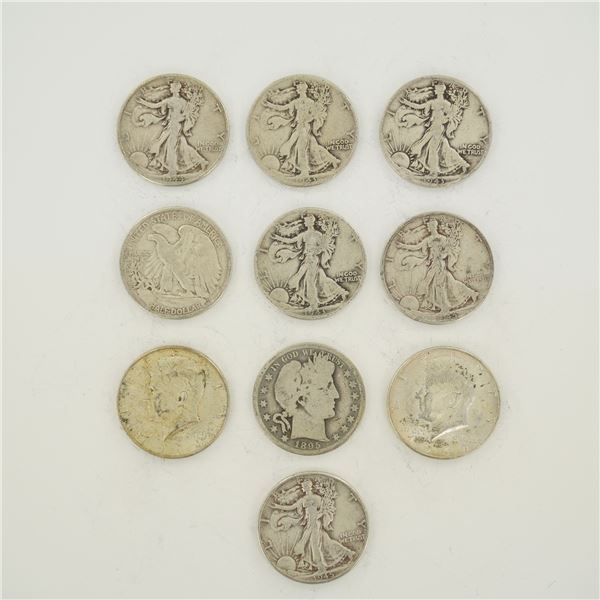 A Collection of US 90% Silver Half Dollars including Barber, Walking Liberty, and Kennedy Types