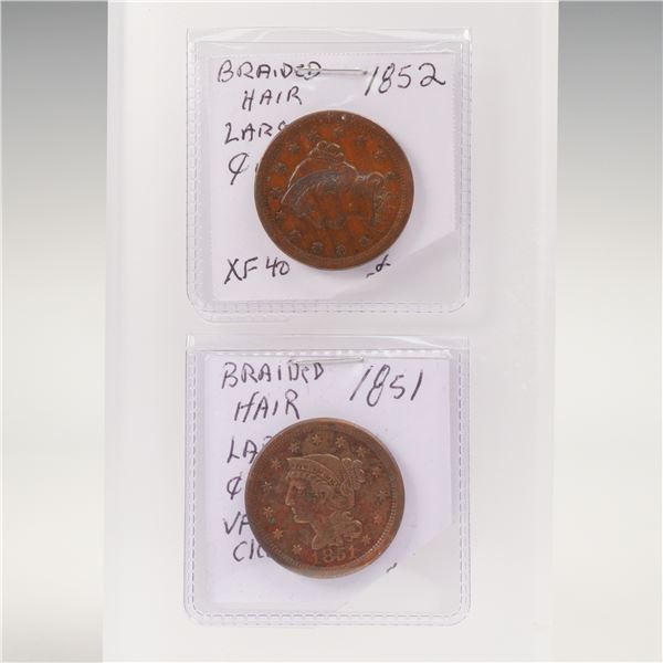 2pc 1851, 1852 U.S. Braided Hair Large One Cent Coins