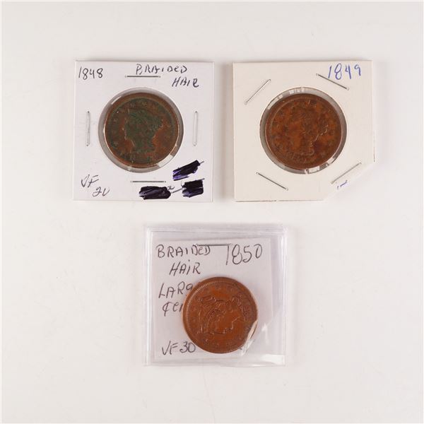 3pc 1848 - 1850 U.S. Braided Hair Large One Cent Coins