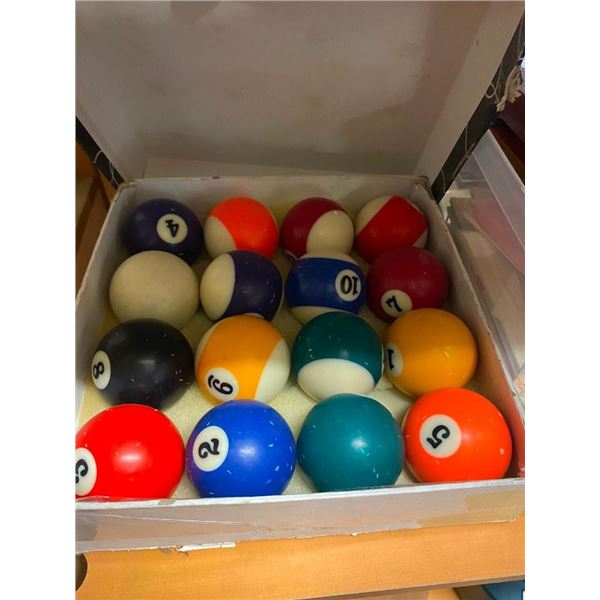 BOX LOT OF POOL BALLS WITH CUE BALL