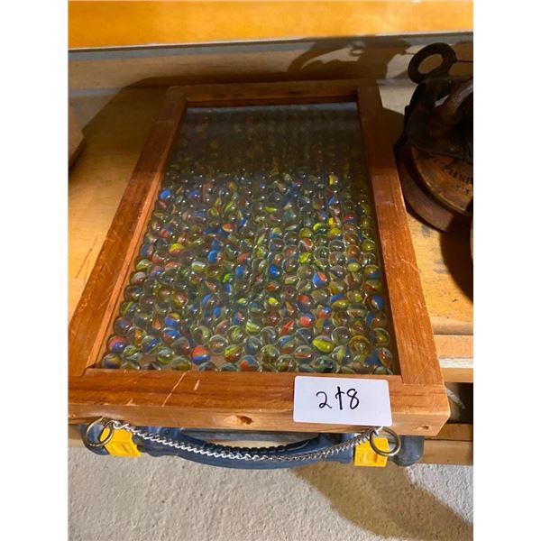 WOODEN GLASS CASE FULL OF MARBLES