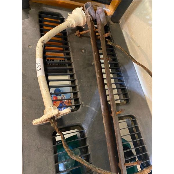 TWO BIG DOOR HINGES, ETC.