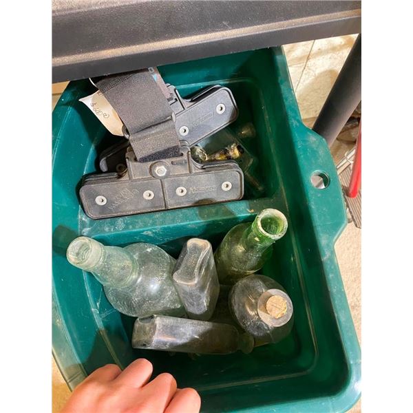 BUCKET-ON-WHEELS LOT OF GLASS BOTTLES, ETC.